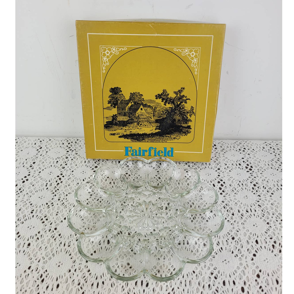 Vintage Anchor Hocking Fairfield Deviled Eggs Clear Glass Plate Tray Bowl w/ Box